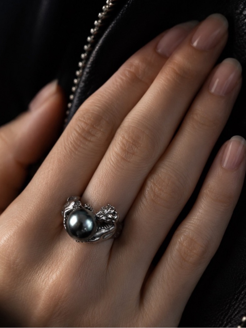 925 Silver Dragon Holding Tahitian Pearl Ring